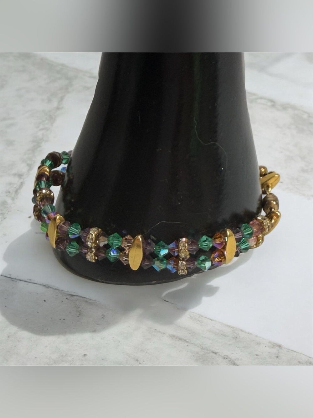 Faceted Bicone Glass Crystal Bead Bracelet Double Row Gold Green Purple 8 inch